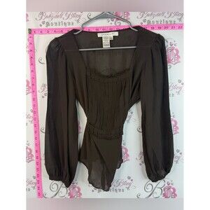 Studio M 100% silk blouse tie up waist Brown Sheer Pleated Long-Sleeve Blouse